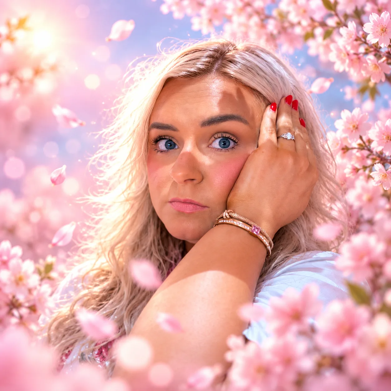 Lizzie Reynolds surrounded by pink blossom